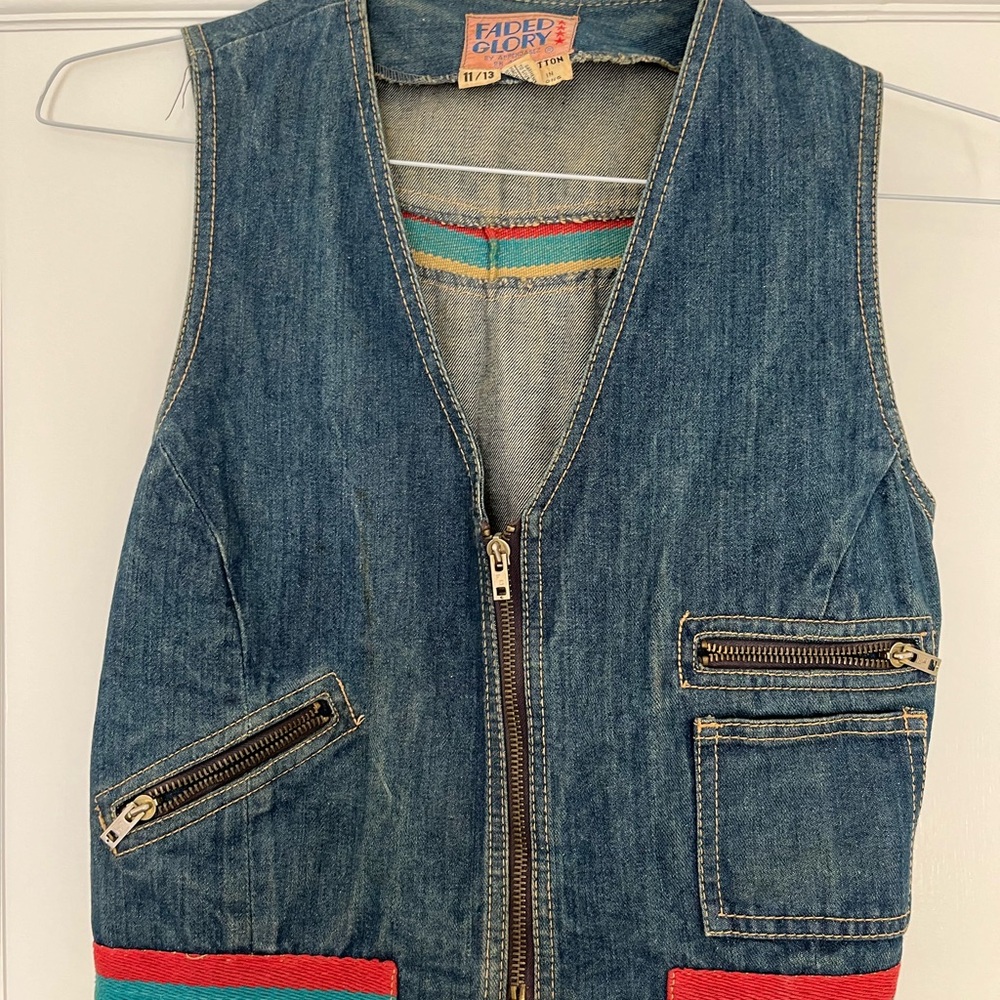Faded Glory Blue Denim Vest with Red and Green Accents